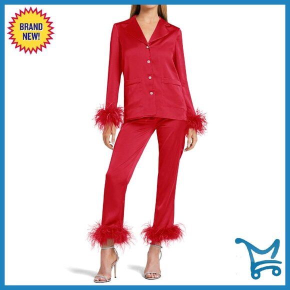 Silk Satin Pajama Set Long Sleeve Feather Trim Bridal Lounge Sleepwear